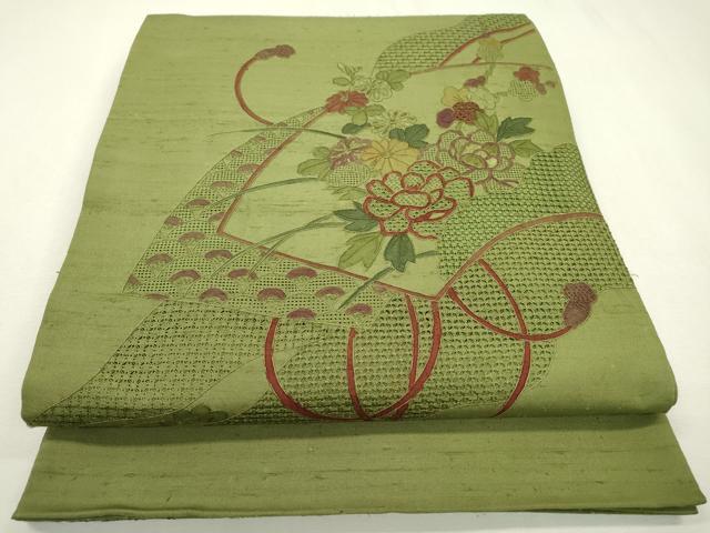 長閑やかさ屋御召しもの●中国三大刺しゅう スワトウ刺しゅう 汕頭刺繍 相良刺しゅう 蘇州刺しゅう 総刺しゅう 膜鳴楽器柄袋帯 紬地 西洋紙花文 正絹 珠玉 DABB1846鉄