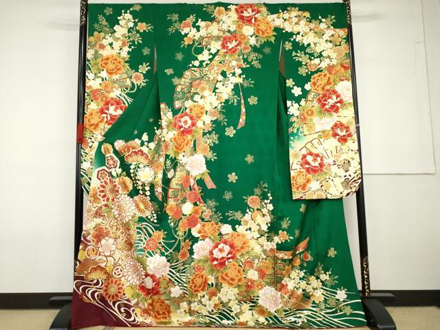 長閑やかさ屋御召しもの●晴れ晴れしい振袖 駒刺しゅう 花鼓檜扇吉祥文 金彩 正絹 珠玉 AABG6716cs