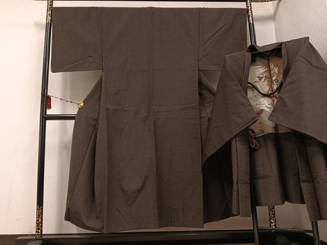 平和屋着物●男性 紬 アンサンブル 色無地 赤墨色 正絹 逸品 AABE8948ph|平和屋