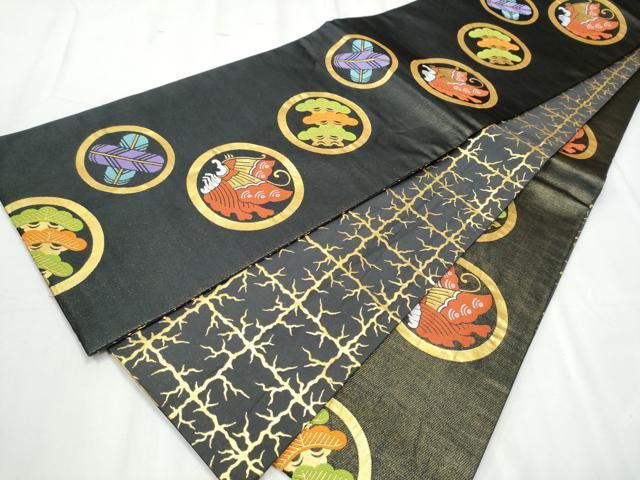 平和屋着物●両面 全通柄袋帯 家紋 黒地 金糸 CABC5395hy|平和屋