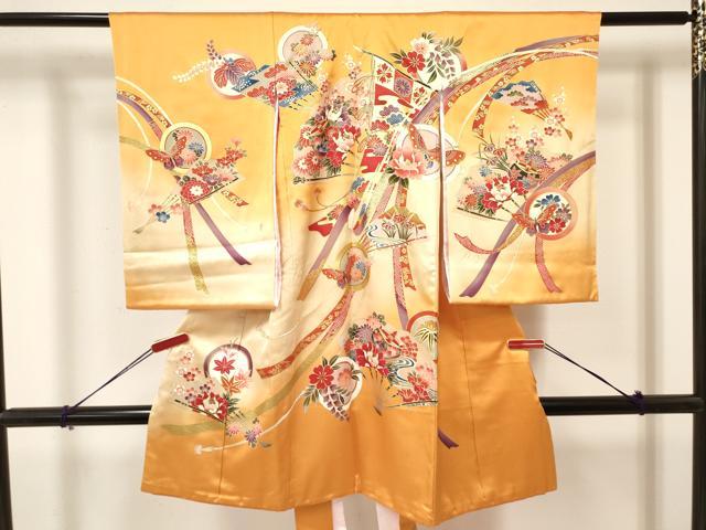 平和屋着物[]お宮参り　女の子　祝着　産着　初着　のしめ　糸車　貴重扇面花蝶丸文　暈し染め　金彩　逸品　DAAY3425ma｜平和屋 17,082円