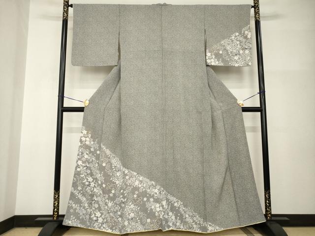 長閑やかさ屋御召しもの●短い訪問着 辻が花 舞花文 黒地 正絹 珠玉 AABI0821ck