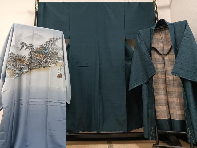 平和屋着物●男性　紬　アンサンブル　長襦袢(袷)セット　色無地　高麗納戸色　正絹　逸品　AABF0008ph｜平和屋