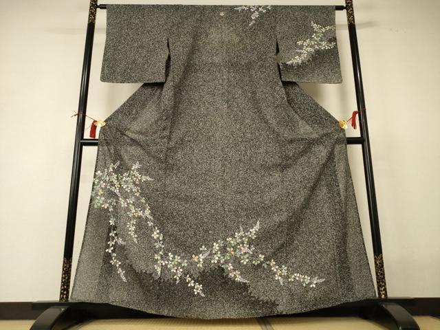 長閑やかさ屋御召しもの＊夏物 短い訪問着 絽 顕花植物文 たたき染め 銀彩 三越取りまわし 正絹 珠玉 AABI0690jd