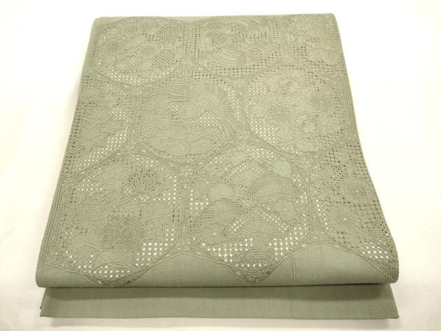 平和屋着物●中国三大刺繍　スワトウ刺繍　相良刺繍　総刺繍　太鼓柄袋帯　紬地　中国伝統工芸　花鳥丸文　鶸茶色　正絹　逸品　CABI7544dy｜平和屋