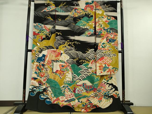 長閑やかさ屋中央局●飛び切り アンティーク 大正人情本 振袖 駒刺しゅう 宝尽くし 立波文 黒地 金彩 珠玉 DZAB6356kh6