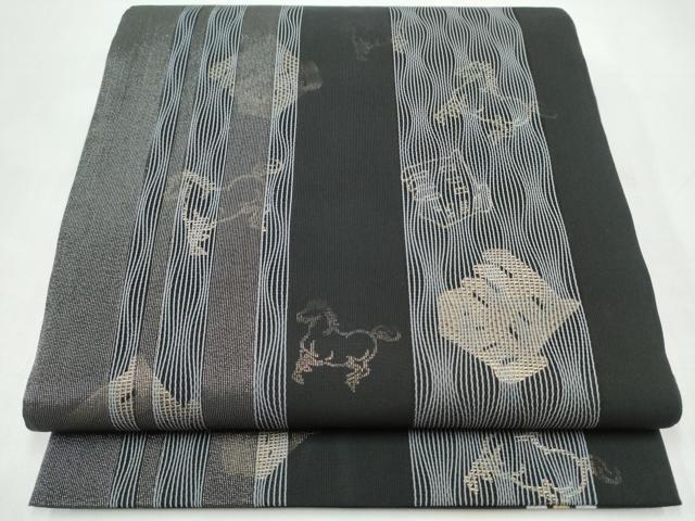 平和屋着物●両面　全通柄袋帯　馬　黒地　金糸　正絹　逸品　CABI9164hy｜平和屋