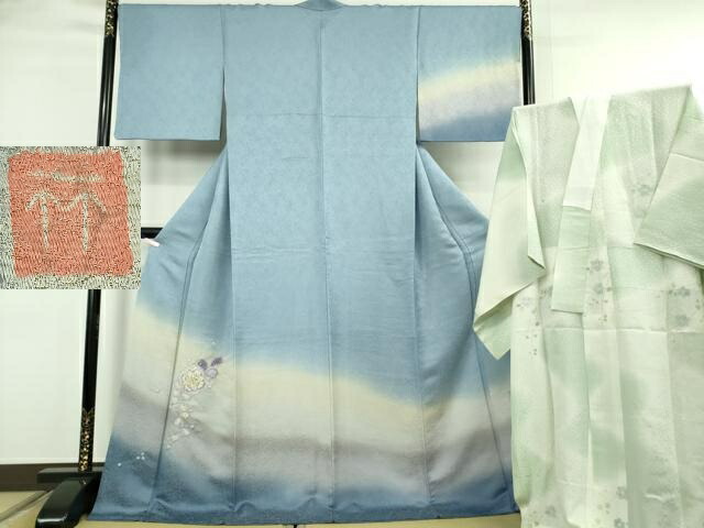 長閑やかさ屋中央局●御前上等 久保田一竹 幻の辻が花 短い訪問着・長襦袢書き割り 忘れな草色地 暈し染め 銀通し地 反端付き添い人 ロング丈 珠玉 DZAB6762kh6