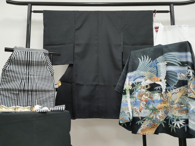 長閑やかさ屋中央局■飛び切り 七五三 御坊っちゃん 3歳 祝着・肌付き・羽織・行灯袴・草履・小物仕掛ける 鷹 兜 金彩 洗える御召しもの 珠玉 新品 CYAA4276s6