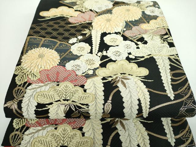 平和屋着物●現代アンティーク　貝島はるみ　綺麗伝説　六通柄袋帯　唐織　扇面吉祥花文　黒地　金糸　正絹　逸品　DABB4038ps｜平和屋