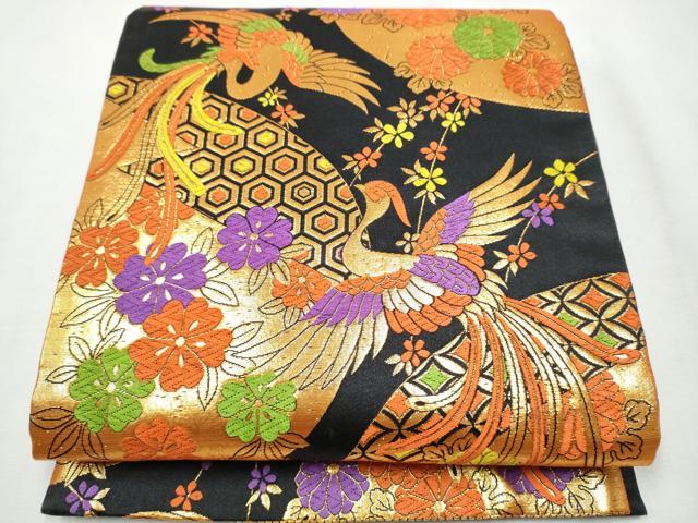 長閑やかさ屋御召しもの[]七五三 うしろ帯 全通柄袋帯 唐織 鳳凰花文 黒地 金糸 珠玉 CABA4931hy