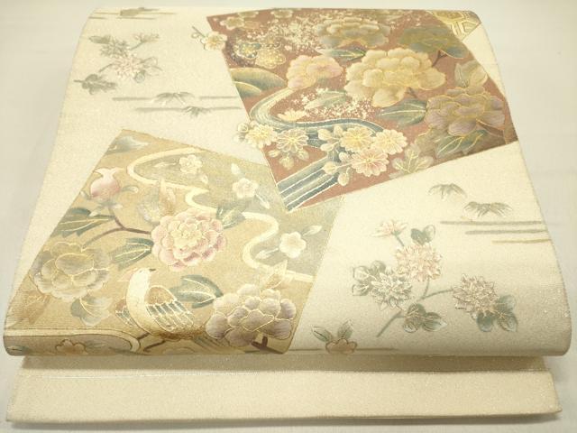 長閑やかさ屋御召しもの●膜鳴楽器柄袋帯 綴れ 花鳥文 金彩 正絹 珠玉 DABD0179op