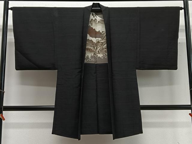 平和屋着物&infin;男性　長羽織　紬地　黒地　正絹　逸品　CABD4648ua｜平和屋
