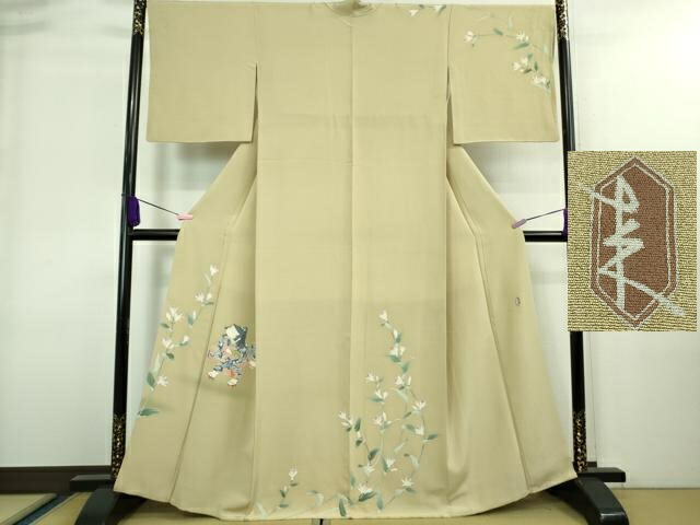 長閑やかさ屋中央局■御前上等 二代目・由水十久 本加賀友禅 短い訪問着 杜鵑草 白橡色地 大丸取りまわし 珠玉 DZAA8328kh5