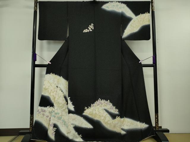 長閑やかさ屋お召しもの●御前上等 短い訪問着 顕花植物文 黒地 金彩 銀通し地 珠玉 未当て嵌める DZAB6710kh6