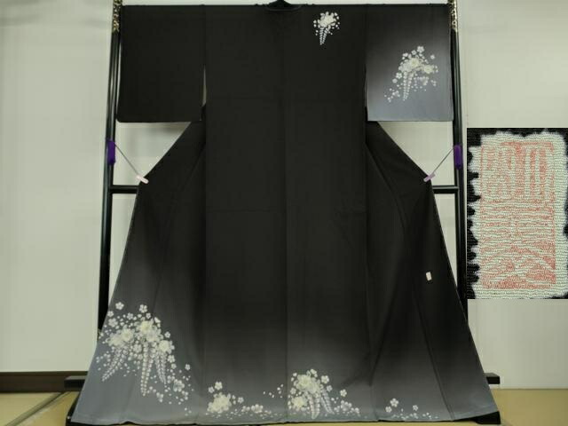 長閑やかさ屋お召しもの●御前上等 短い訪問着 文筆家物 辻が花 暈し染め 黒地 鬼しぼクレープ ロング丈 珠玉 未当て嵌める DZAB6718kh6