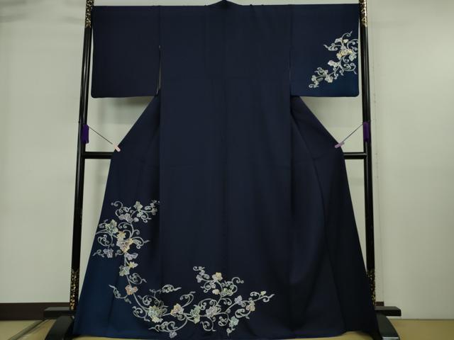 長閑やかさ屋お召しもの●御前上等 短い訪問着 グレープ唐草文 鉄紺色地 現ナマ彩 珠玉 DZAB6720kh6