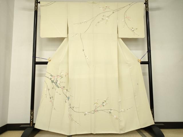 長閑やかさ屋御召しもの●短い訪問着 友禅 絵書き物 枝花文 ひな鳥色地 正絹 珠玉 AABJ3143ck