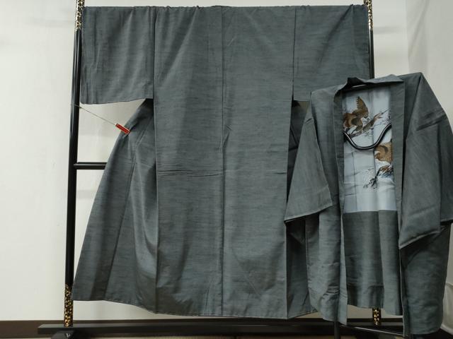 平和屋着物●男性 紬 アンサンブル 色無地 灰色 キングサイズ 正絹 逸品 未使用 CABB4483yc|平和屋