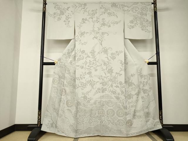 長閑やかさ屋御召しもの●中国三大刺しゅう スワトウ刺しゅう 汕頭刺繍 御召しもの 短い訪問着 道長更紗花文 金糸 正絹 珠玉 AABJ3148ck