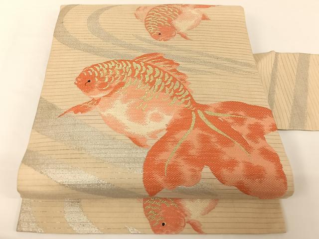 長閑やかさ屋お召しもの＊夏物 アンティーク 大正人情本 九寸名古屋帯 金魚 現ナマ糸 正絹 珠玉 AABA2549np