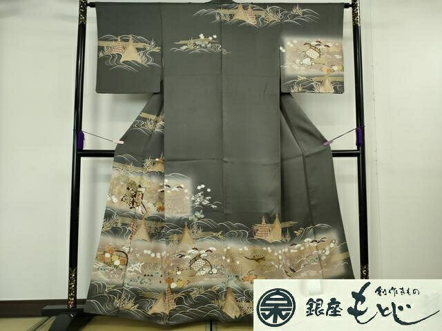 長閑やかさ屋中央局●御前上等 銀座もとじ 短い訪問着 駒刺しゅう 御所車見晴らし花文 羊羹色地 暈し染め 金彩 たとう紙付き添い人 珠玉 DZAB6379kh6