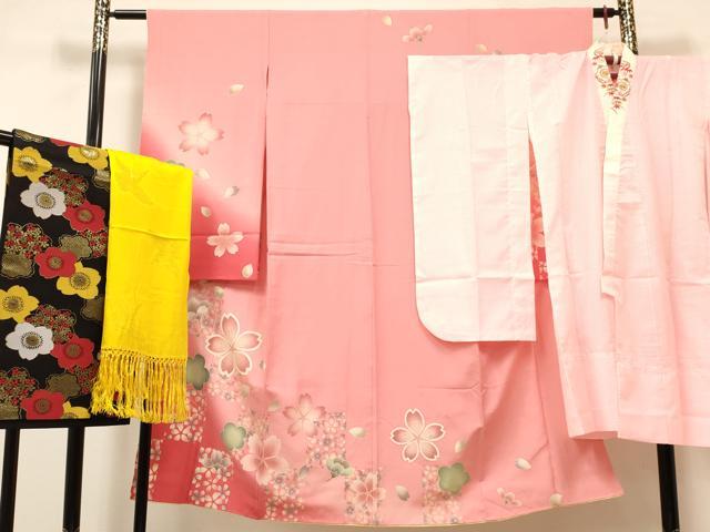 長閑やかさ屋御召しもの[]七五三 うしろ帯 ７歳 祝着 四つ身 長襦袢(単衣)・袋帯・しごき仕掛ける 色紙舞桜文 暈し染め 金彩 珠玉 DABA3962ma