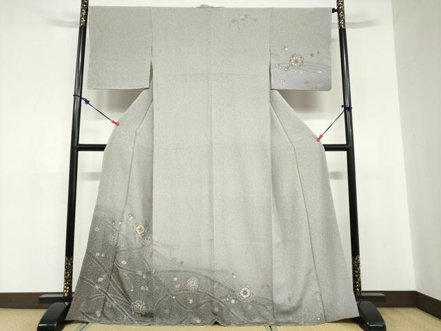 長閑やかさ屋御召しもの●中国三大刺しゅう 汕頭刺繍 総刺しゅう 短い訪問着 熨斗被子植物文 暈し染め 金糸 正絹 珠玉 未当て嵌める DABC2692ud