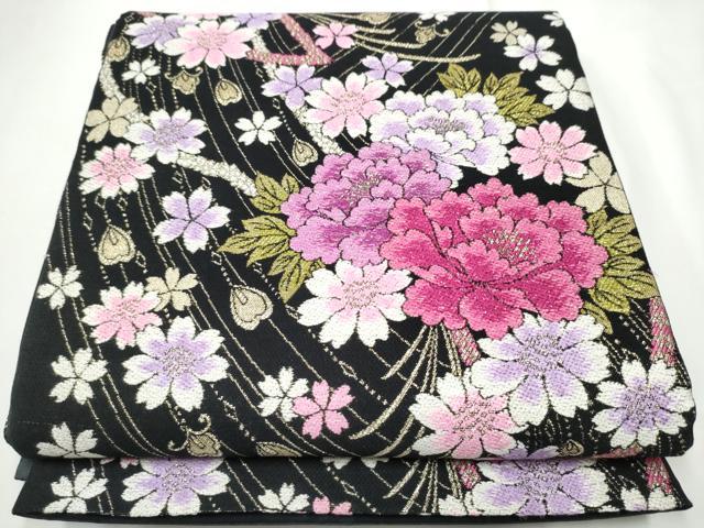 平和屋着物●両面　六通柄袋帯　舞花文　黒地　金糸　正絹　逸品　CABE8493hy｜平和屋