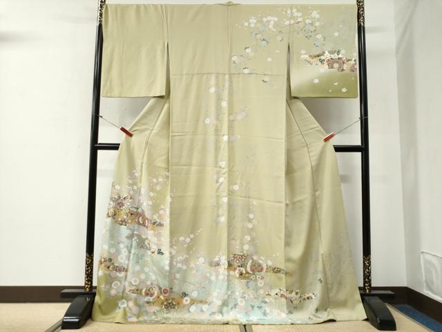 長閑やかさ屋御召しもの●短い訪問着 鳳凰更紗花唐草文 暈し染め 現ナマ彩 ロング丈 正絹 珠玉 CABG0442yc