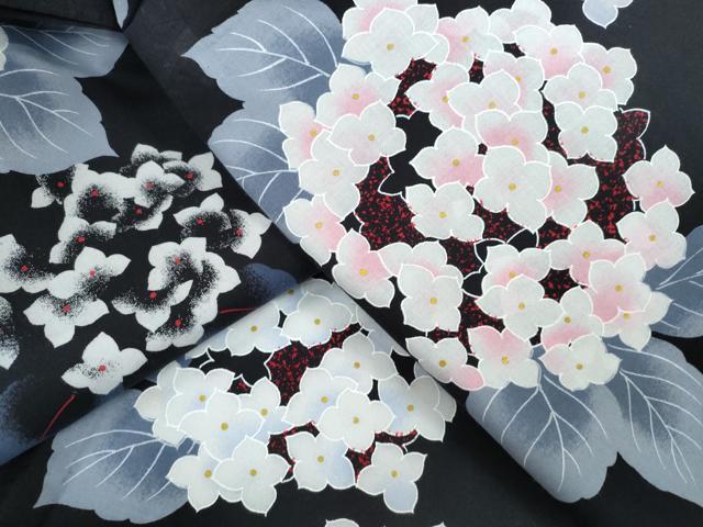 平和屋着物∴夏物 浴衣 紫陽花 黒地 金彩 綿 逸品 未使用 CAAW1164ng