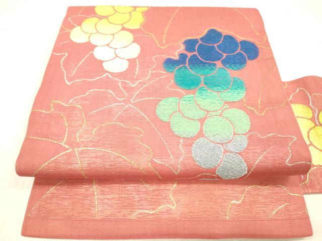 長閑やかさ屋御召しもの＊夏物 九寸名古屋帯 グレープ草葉文 現ナマ糸 正絹 珠玉 DABB3431糎