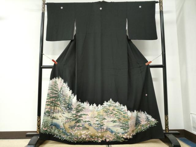 平和屋着物●豪華黒留袖 作家物 樹林鴛鴦浜松草花文 正絹 逸品 CABG0279yc|平和屋