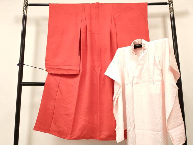 長閑やかさ屋御召しもの[]七五三 うしろ帯 ７歳 祝着 四つ身 長襦袢(無双仕立てもの・半衿刺しゅう)仕掛ける 雲地紋 朱色 珠玉 DABA3606ma