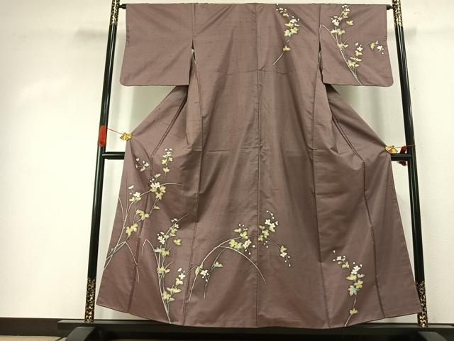 長閑やかさ屋お召しもの●短い訪問着 友禅 紬地 顕花植物文 正絹 珠玉 AABI2027fy