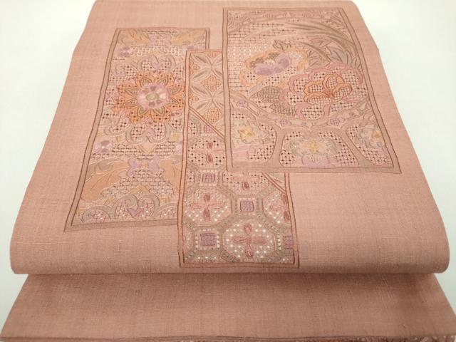 長閑やかさ屋御召しもの●中国三大刺しゅう スワトウ刺しゅう 汕頭刺繍 総刺しゅう 膜鳴楽器柄袋帯 紬地 絽刺し 色紙重ね花文 正絹 珠玉 DABE5095ps