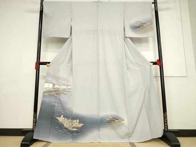 長閑やかさ屋御召しもの●本加賀友禅絵描き 石田巳代治 短い訪問着 乗り合い船 正絹 珠玉 AABF3613ck