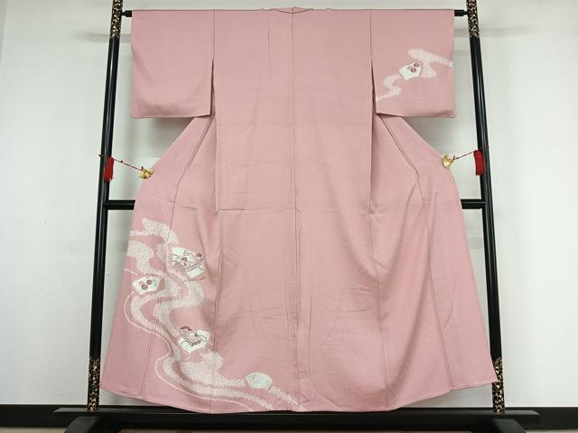 長閑やかさ屋お召しもの▽短い訪問着 単衣 絞り 刺しゅう 吉祥花文箱文 銀彩 正絹 珠玉 AABI7745jh