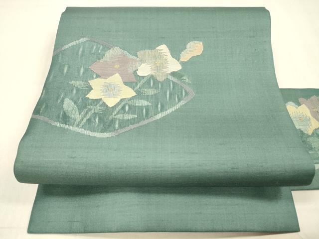 長閑やかさ屋御召しもの＊夏物 九寸名古屋帯 絵描き物 被子植物文 正絹 珠玉 DABB3448糎