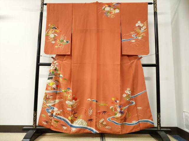 長閑やかさ屋中央局●アンティーク 大正人情本 短い訪問着 総刺しゅう 駒刺しゅう 松竹梅籬見晴らし文 現ナマ糸 正絹 珠玉 CABG0499yc