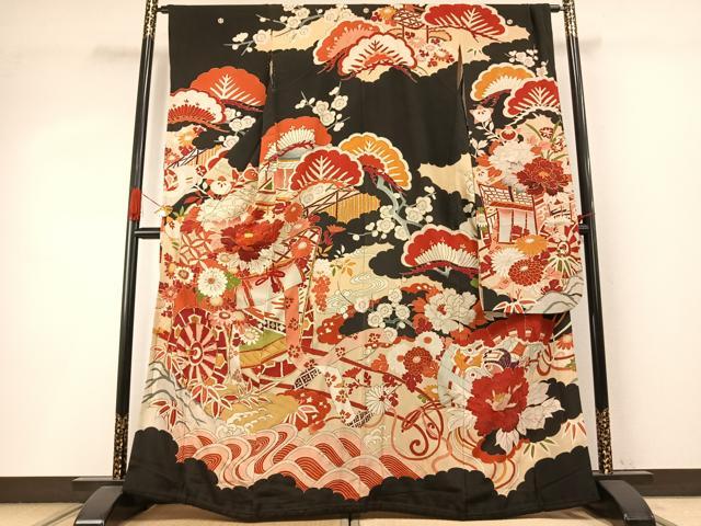 平和屋本店●アンティーク 大正ロマン 振袖 駒刺繍 御所車花文 黒地 金彩 正絹 逸品 AABI8925fy|平和屋