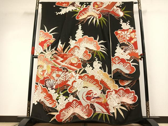 長閑やかさ屋中央局●アンティーク 大正人情本 振袖 駒刺しゅう 花鳥文 黒地 金彩 正絹 珠玉 AABI8926fy