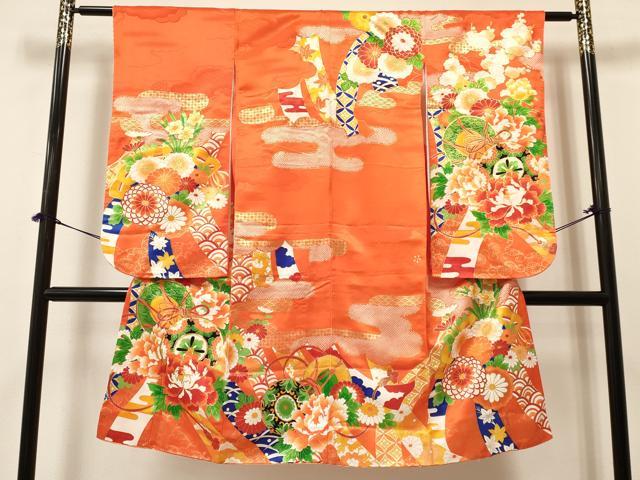 平和屋着物[]七五三　女の子　７歳　祝着　四つ身　駒刺繍　鼓花文　金彩　洗える着物　DABA3640ma｜平和屋