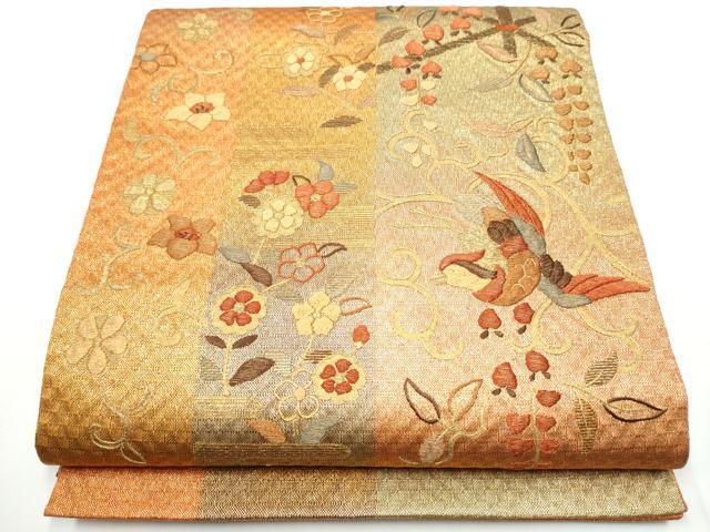 平和屋着物●ひなや工房　くむ・あむ・おる　伊豆蔵明彦　太鼓柄袋帯　総刺繍　花鳥文　金糸　正絹　逸品　CABE8514hy｜平和屋