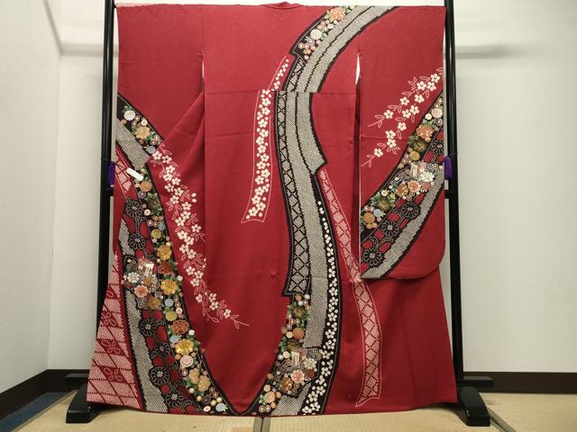 長閑やかさ屋お召しもの●晴れ晴れしい振袖 駒刺しゅう 絞り 御所車花文 現ナマ彩 京都きもの友禅取りまわし 正絹 珠玉 CABG4387gh