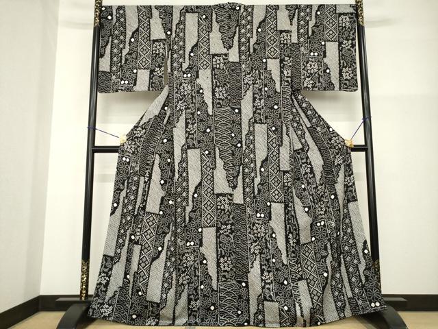 長閑やかさ屋御召しもの●飛び切りな小紋 総絞り 短冊花文 黒地 正絹 珠玉 AABG2657ck