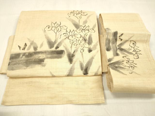 長閑やかさ屋御召しもの＊夏物 つけ帯 墨付き 雛逸 花ショウブ 花ショウブ 麻 珠玉 DABB3468糎