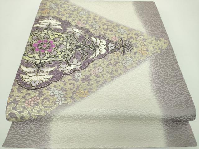 平和屋着物●太鼓柄袋帯　貝紫　刺繍　花菱文　金銀彩　金通し地　正絹　逸品　未使用　DABE5100ps｜平和屋