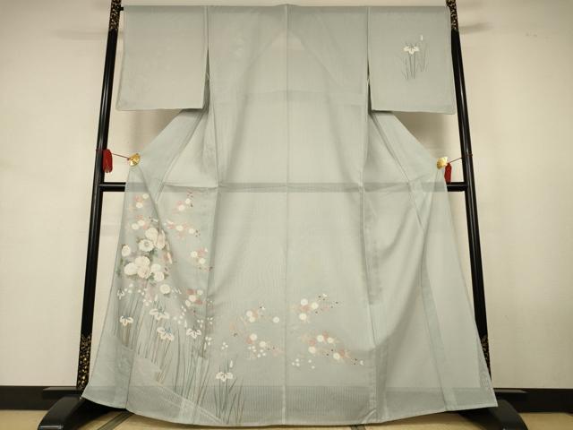長閑やかさ屋お召しもの＊夏物 短い訪問着 縞紋紗 顕花植物文 銀彩 洗えるお召しもの AABJ8105jd