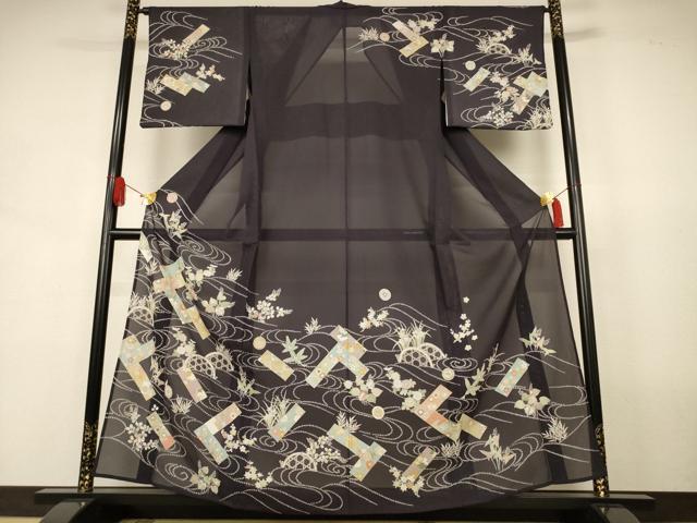 長閑やかさ屋お召しもの＊夏物 短い訪問着 絽 駒刺しゅう 水筋短冊花文 金彩 正絹 珠玉 AABJ8106jd